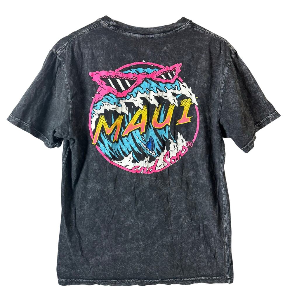 Maui & Sons graphic t-shirt gray mineral wash fabric neon logo Men’s Small